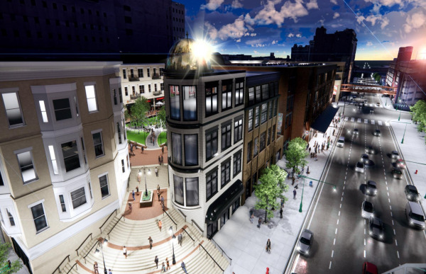A conceptual rendering of Hendricks Commercial Properties’ plans for what is now Circle Centre Mall. This view is from the intersection of Illinois and Washington streets, looking southeast. (Rendering courtesy of Hendricks Commercial Properties)