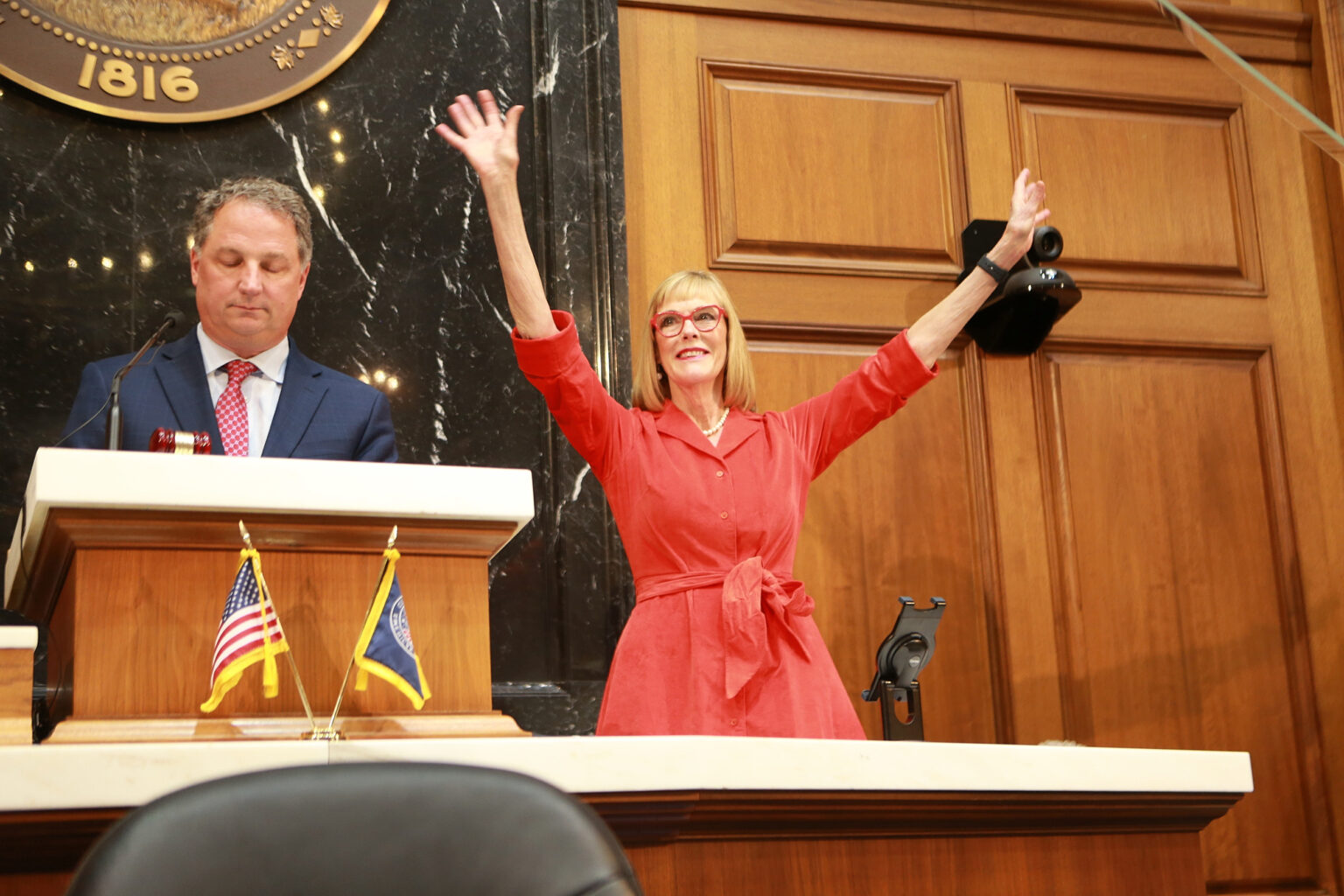 Lt. Gov. Suzanne Crouch, pictured here at the 2024 State of the State address, has spent three decades in various elected roles and is campaigning to succeed Gov. Eric Holcomb. (Monroe Bush for the Indiana Capital Chronicle)