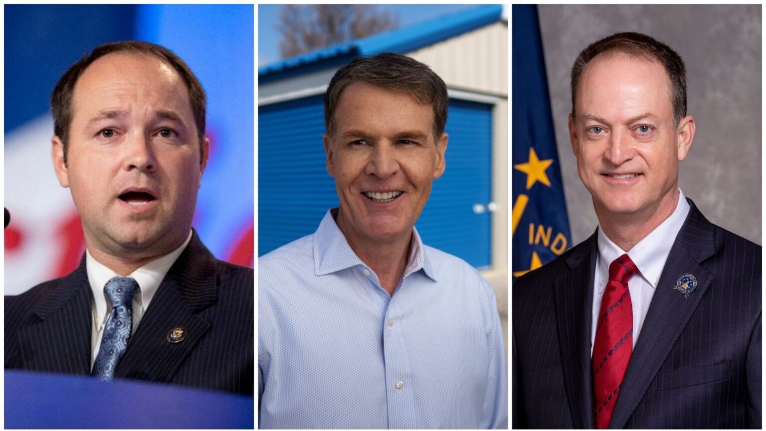 Republicans Marlin Stutzman, Jefferson Shreve and Mark Messmer beat out a combined 20 candidates in primaries for seats left open by fellow Republicans. (Photos from Stutzman and Shreve campaigns, state of Indiana; graphic by Leslie Bonilla Muñiz/Indiana Capital Chronicle)