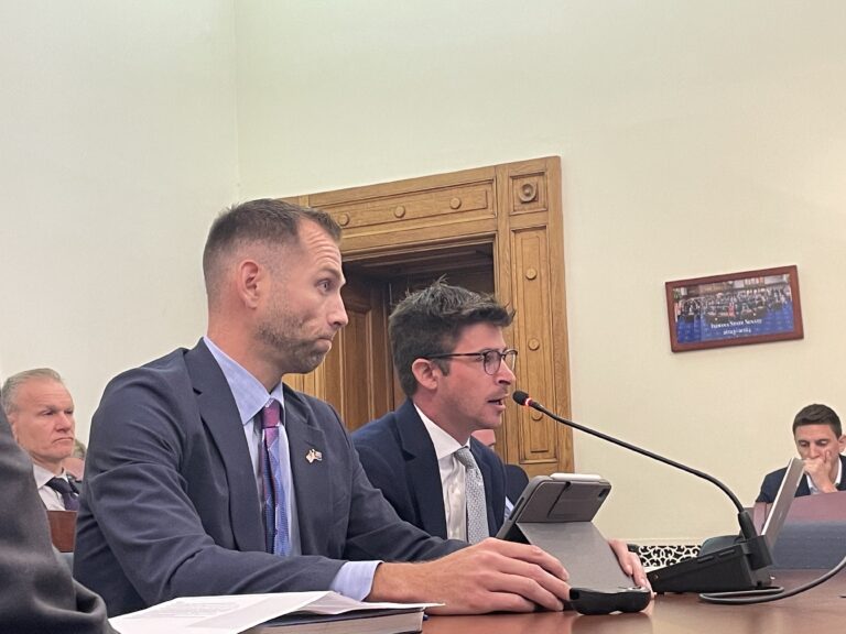  IEDC representatives Brock Herr (left) and Mark Wasky defend their agency’s decisions at a Tuesday, June 11, 2024 meeting of the State Budget Committee. (Leslie Bonilla Muñiz/Indiana Capital Chronicle)