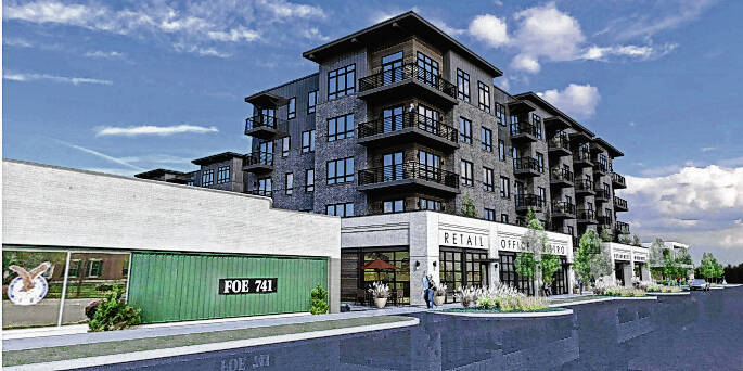 Photo provided An artist’s rendition of the proposed Rubicon Investment Group, which is planning to develop a five-story, 120-unit apartment building with a parking garage and commercial area, requiring the demolition of the former Joe Willy’s restaurant, a drive-thru bank and a house with historical ties to the city.