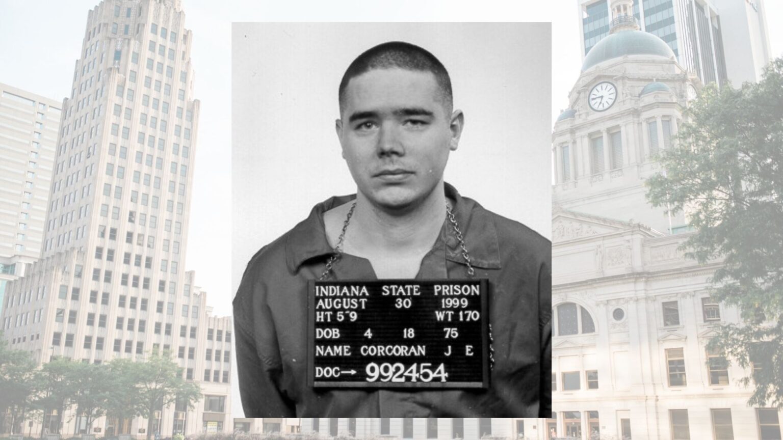 Indiana’s governor and attorney general have asked to set an execution date for Fort Wayne’s Joseph Corcoran, who was convicted in a 1997 quadruple homicide. (Courthouse photo from Allen County and mugshot from public record. Photo illustration by Casey Smith/Indiana Capital Chronicle)
