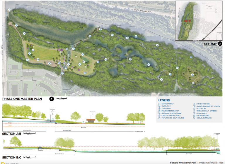 A master plan for the first phase of Fishers White River Park, set to open in 2025. (Image courtesy of the city of Fishers)