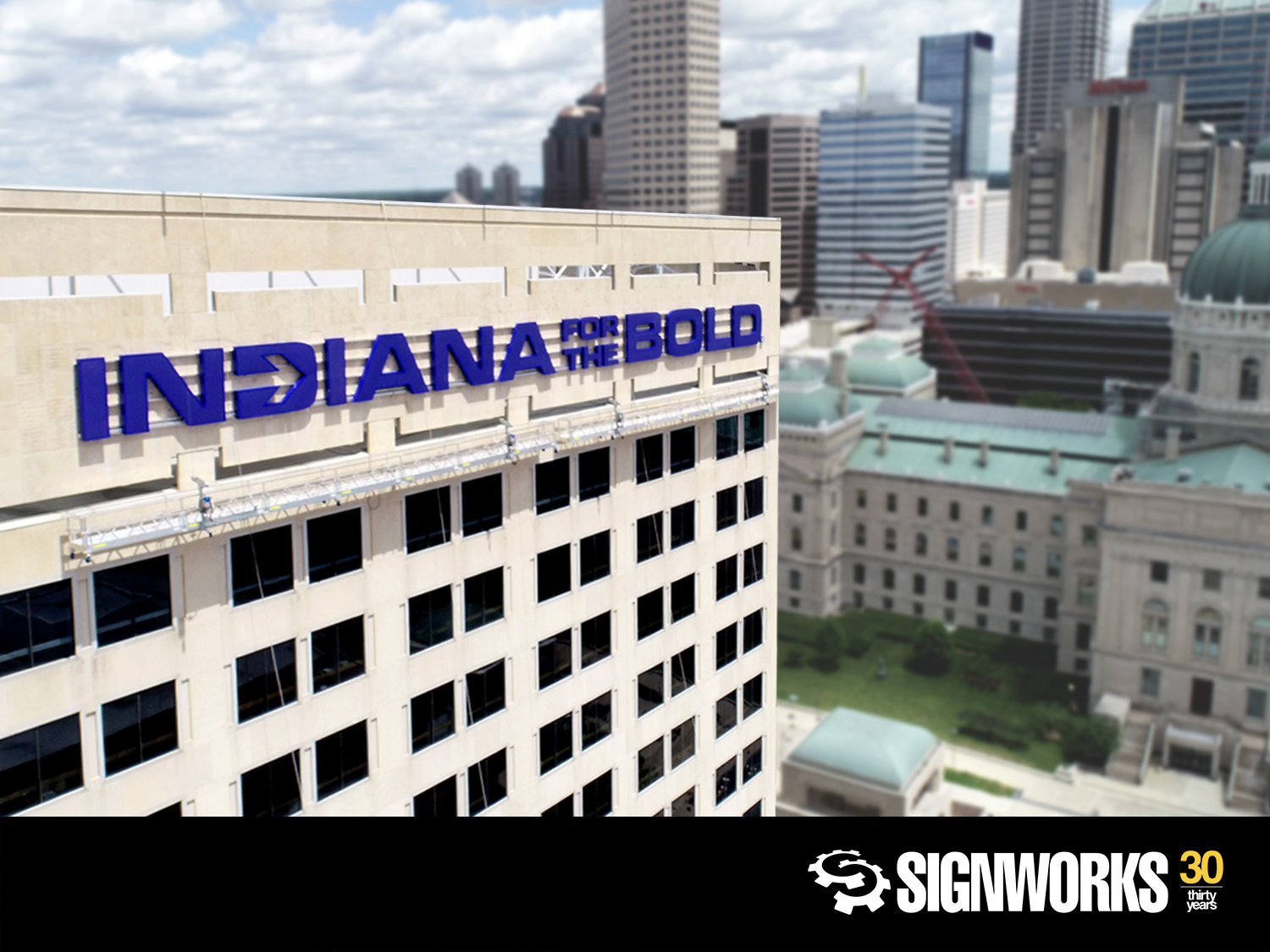 The new “Indiana For the Bold” signs were installed by Signworks. (Photo courtesy of Signworks)