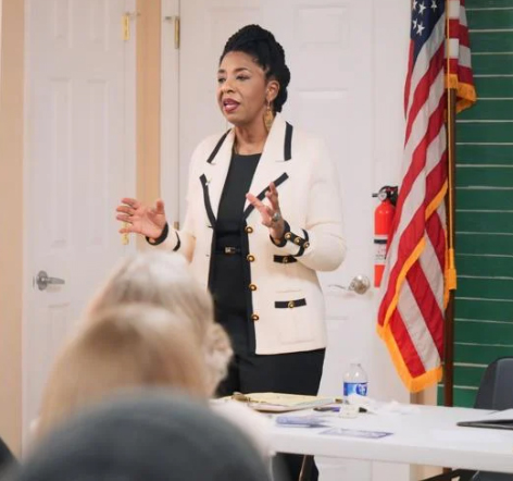Dr. Valerie McCray speaks to a gathering of the Posey County Democratic Party recently. Photo provided.