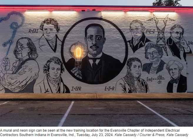 A mural and neon sign can be seen at the new training location for the Evansville Chapter of Independent Electrical Contractors Southern Indiana in Evansville, Tuesday, July 23, 2024. Staff photo by Kate Cassady
