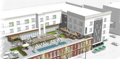 This is a early rendering released in 2022 of a proposed hotel complex at Seventh St. and Wabash Ave. in downtown Terre Haute with a skybridge connection to the Hilton Garden Inn. Submitted image