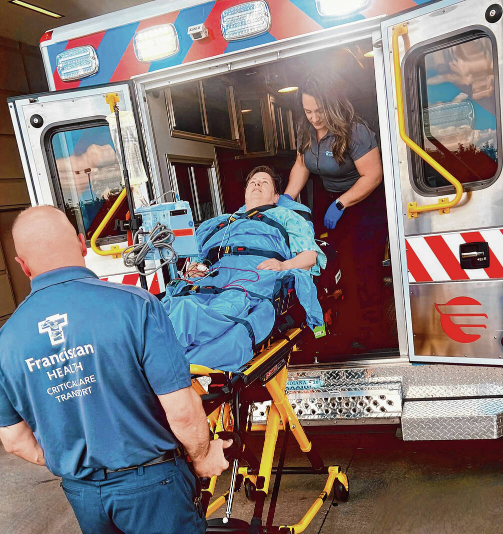 Franciscan Health Indianapolis ambulance staff practices loading a critically ill patient in anticipation of the launch of the hospital system’s critical care ambulance transport service. Franciscan Health has started offering its own transport for patients in need of urgent care for heart attacks and strokes from Johnson, Decatur and Putnam counties. Submitted photos