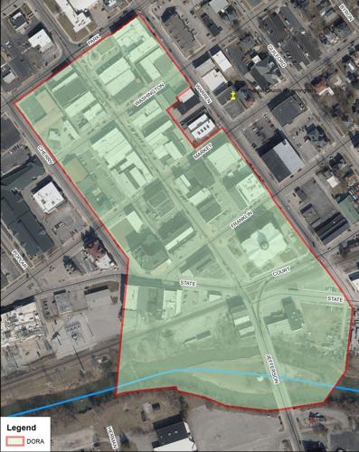 Huntington proposes outdoor refreshment area starting at the South curb line of Park Drive, east curb line of Cherry Street, south bank of the Little River, west curb line of Warren Street, except for the three buildings on the west side of Warren Street between Market and Washington streets.  Courtesy of City of Huntington