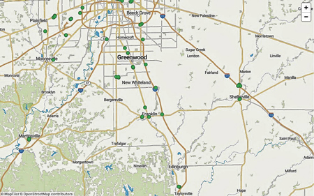 Green dots show where electric vehicle chargers can be found in Johnson County and surrounding areas. The chargers are clustered in population centers, leaving out rural residents. U.S. Department of Energy map