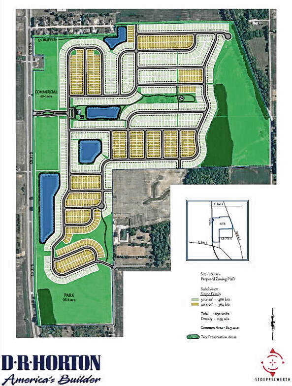Castle Rock will be built on approximately 288 acres east of U.S. 31 and north of State Road 252 with up to 850 homes, a 25-acre park and a 20-acre commercial area. Provided rendering