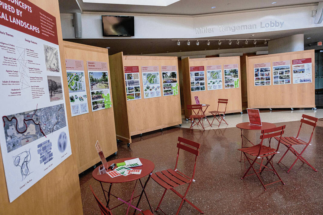 The Columbus Redevelopment Commission is seeking public input about the redesign of the Downtown Entrance Plaza via a series of displays at The Commons in downtown Columbus, Tuesday, Oct. 22, 2024. Mike Wolanin | The Republic 