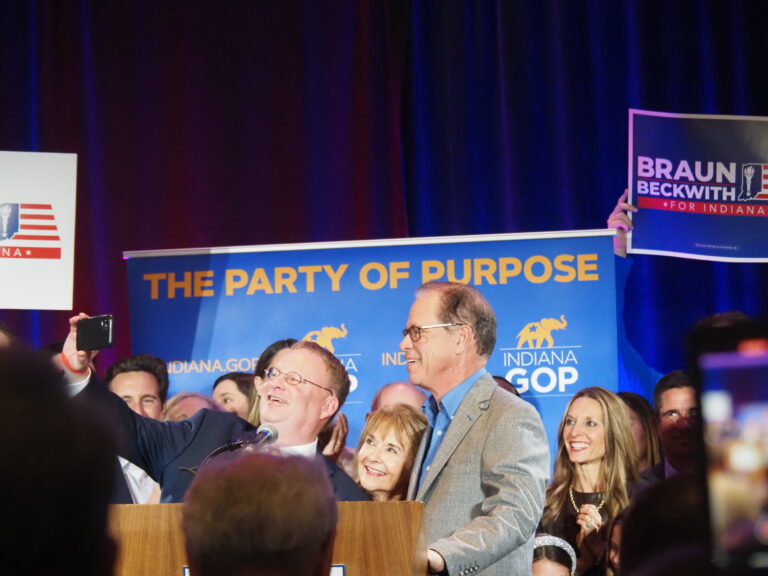 Indiana GOP Chair Randy Head takes a selfie with Governor-elect Mike Braun onstage in Indianapolis on Nov. 6, 2024. Head will be one of the members of Braun’s transition team. (Whitney Downard/Indiana Capital Chronicle)