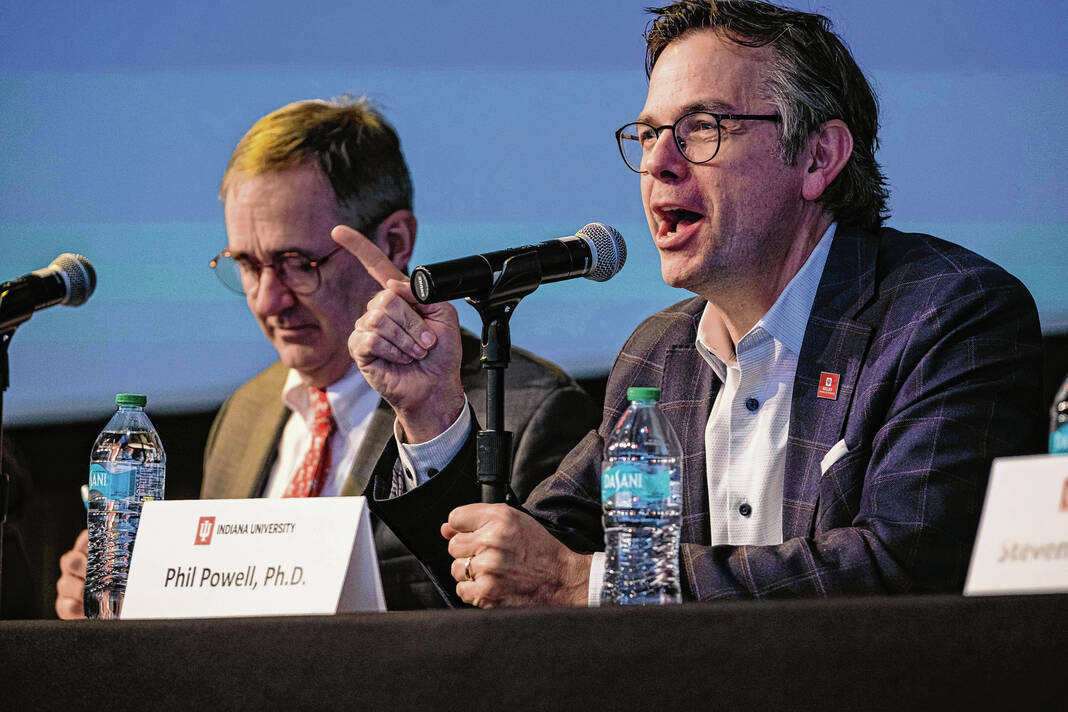 Phil Powell, executive director of the Indiana Business Research Center and clinical associate professor of business economics and public policy at the Kelley School of Business at IU Bloomington, talks about the State of Indiana’s economic outlook during the annual Economic Outlook Panel at The Commons in Columbus,, Wednesday, Nov. 13, 2024. Staff photo by Mike Wolanin | The Republic 