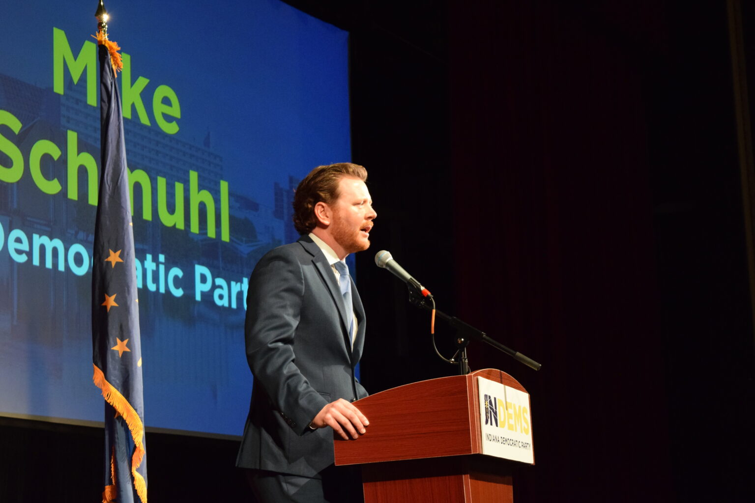 Indiana Democratic Party Chair Mike Schmuhl speaks on Tuesday, Nov. 5, 2024. (Leslie Bonilla Muñiz/Indiana Capital Chronicle)