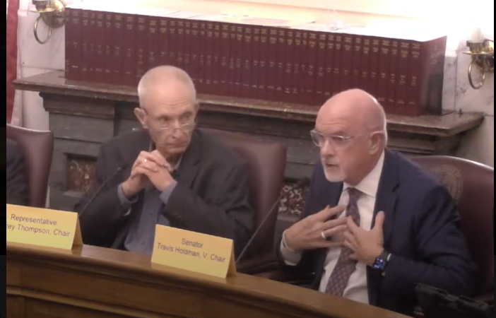 State Rep. Jeff Thompson, R-Lizton, left, and state Sen. Travis Holdman, R-Markle, were co-chairmen of the State and Local Tax Review Task Force. Screenshot