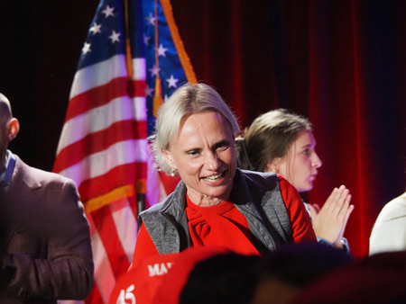 U.S. Rep. Victoria Spartz greets a crowd of supporters at the JW Marriott in downtown Indianapolis on Tuesday, Nov. 5, 2024. (Whitney Downard/Indiana Capital Chronicle)