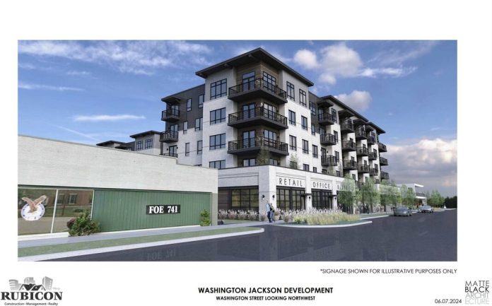 Photo provided. An artist’s rendition of the Rubicon project, a planned five-story, 120-unit apartment building that would cause the demolition of a drive-thru bank at 921 Jackson St. and house with historical ties at 1008 Washington St.