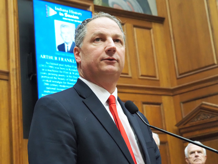 House Speaker Todd Huston, R-Fishers, introduces his caucus’ priorities on Tuesday, Jan. 14, 2025. (Leslie Bonilla Muñiz/Indiana Capital Chronicle)