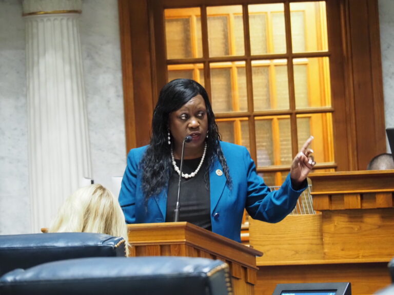 Sen. La Keisha Jackson, D-Indianapolis, speaks in opposition to an anti-DEI bill on Thursday, Feb. 6, 2025. (Leslie Bonilla Muñiz/Indiana Capital Chronicle)