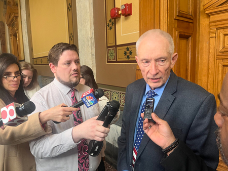 Lizton Republican Rep. Jeff Thompson, the House’s chief budget architect, details the House version of the budget to reporters on Feb. 14, 2025. (Whitney Downard/Indiana Capital Chronicle)