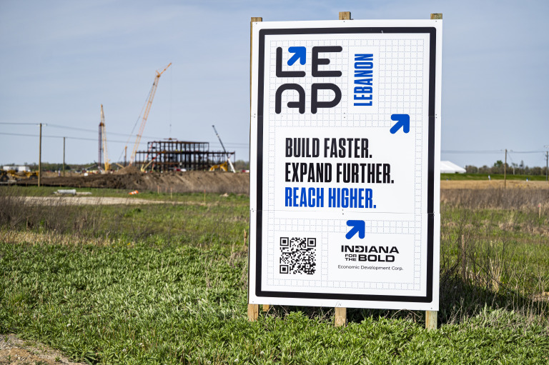 Construction at the LEAP Research and Innovation District, a 9,000-acre tech park in Boone County, is ongoing. (IBJ Photo / Mickey Shuey)