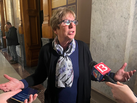 Dana Simons, the executive director of Terre Haute’s Next Step Foundation, warns that changes to HIP could negatively impact her program’s effort to combat substance abuse on Feb. 13, 2025. (Whitney Downard/Indiana Capital Chronicle)