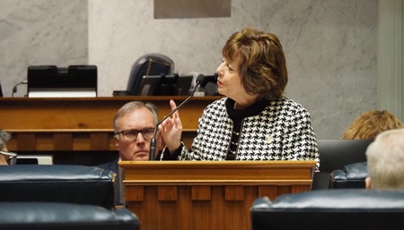 Sen. Linda Rogers, R-LaGrange, answers questions about her charter school funding bill on Thursday, Feb. 20, 2025. (Casey Smith/Indiana Capital Chronicle)