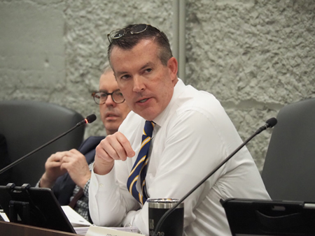 Sen. Aaron Freeman, R-Indianapolis, sparred with witnesses Tuesday over an immigration notice proposal he's sponsoring. He is shown in committee on March 11, 2025. (Whitney Downard/Indiana Capital Chronicle)