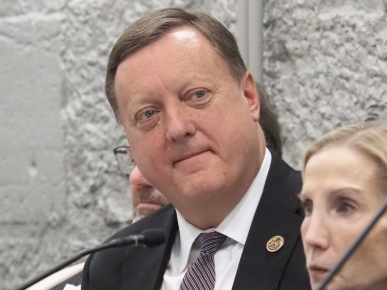 Senate Utilities Committee Chair Sen. Eric Koch (R-Bedford)  listens during a meeting on Thursday, March 27, 2025. (Leslie Bonilla Muñiz/Indiana Capital Chronicle)