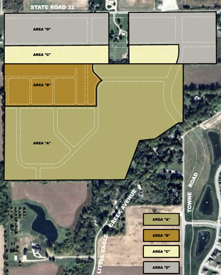 The Towne Road Crossing PUD would include single-family houses (Areas A and B), town houses (Area C) and commercial space (Area D). (Site plan courtesy city of Westfield)