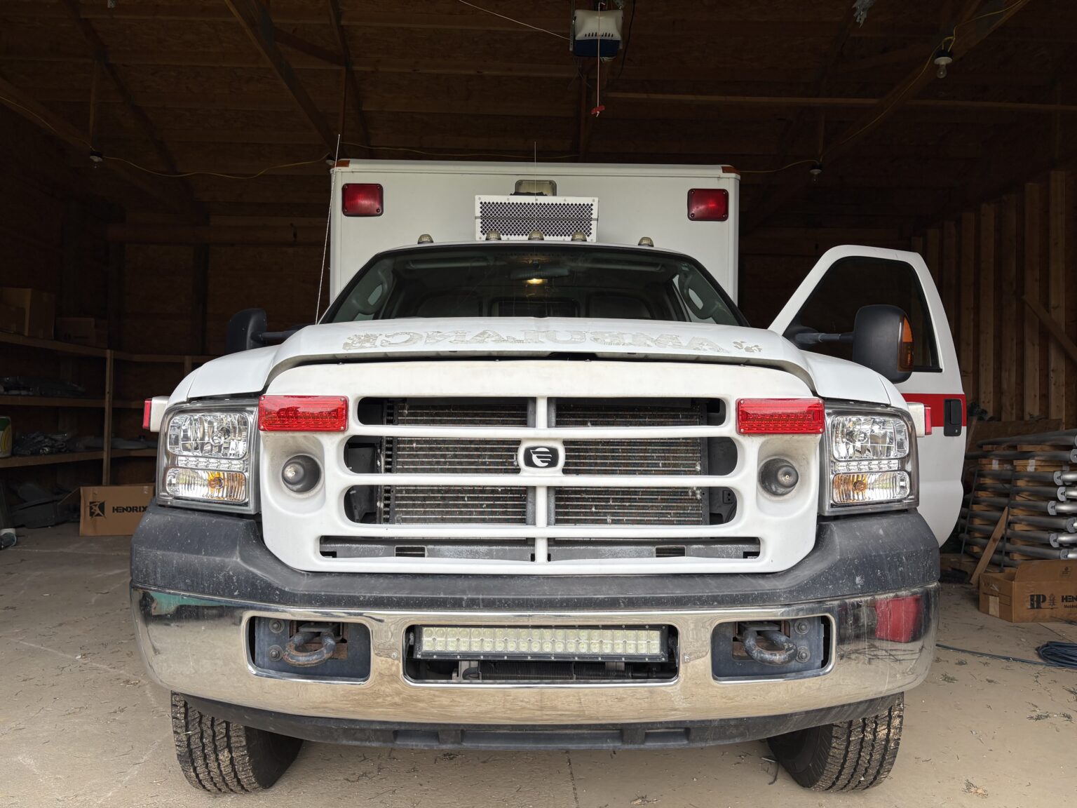 Southern Henry Ambulance Service’s vehicle and barn in Knightstown. (Photo by Grayson Joslin for the Indiana Capital Chronicle)