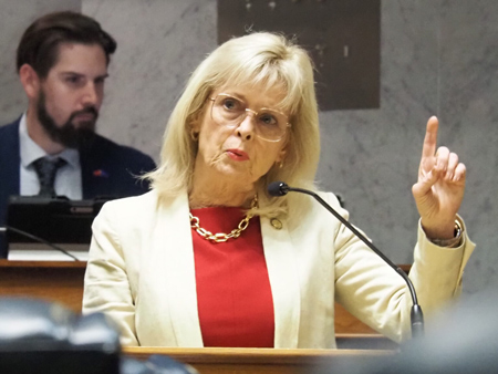 Sen. Liz Brown, R-Fort Wayne, speaks on a bill on April 15, 2025. (Whitney Downard/Indiana Capital Chronicle)