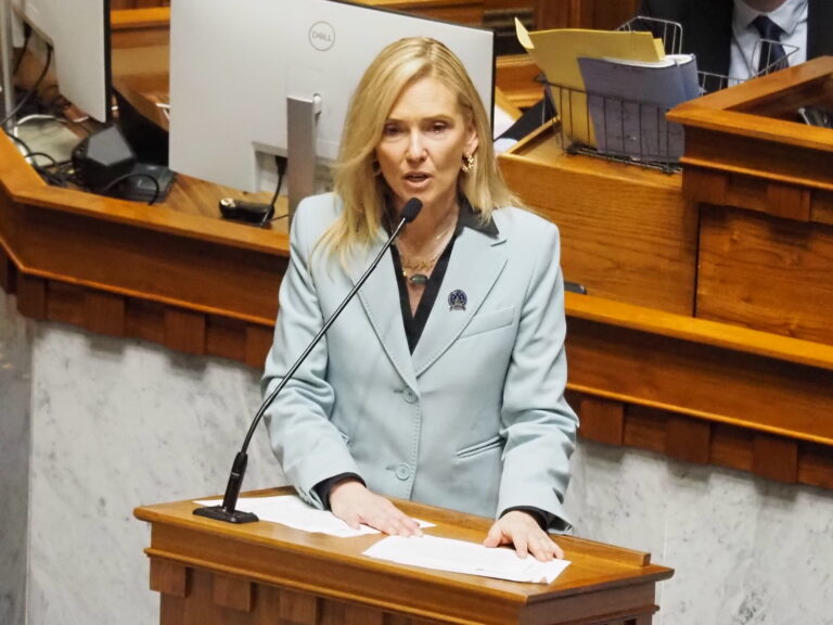 Sen. Shelli Yoder, D-Bloomington, pushes back against Senate Bill 2 on April 17, 2025. (Whitney Downard/Indiana Capital Chronicle)