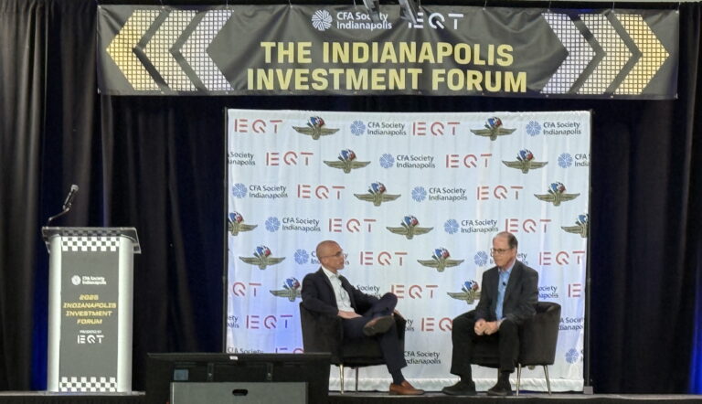  Indiana Gov. Mike Braun speaks at the 2025 Indianapolis Investment Forum on Tuesday, May 13, 2025, at the Indianapolis Motor Speedway. (Casey Smith/Indiana Capital Chronicle)