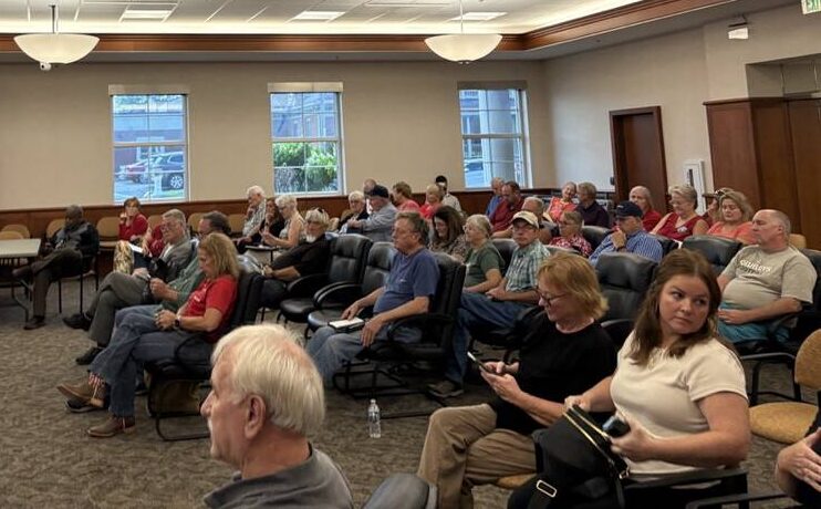 Commissioners Court in the Hancock County Courthouse Annex was filled with county residents Wednesday afternoon at a special meeting of the county commissioners. During the meeting, commissioners announced the county would not move forward on a proposed data center on 775 acres of currently zoned agricultural land in Buck Creek Township. Grayson Joslin | Daily Reporter