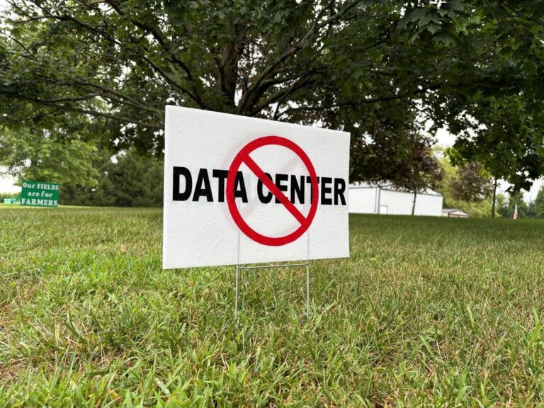 Data center opposition signs like this one have popped up in yards across Hancock County in recent months. On Wednesday afternoon, Hancock County Commissioners publicly announced their decision to not go forward with a proposed data center in Buck Creek Township.