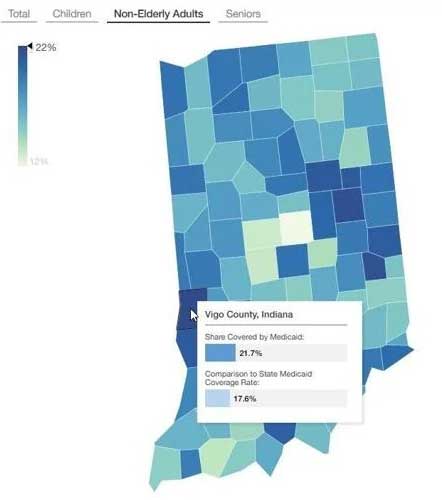 Vigo County has Indiana's high concentration of non-senior age adults — 21.7% — enrolled in the federal Medicaid program, which provides medical and health-related services to low-income people.  Georgetown University McCourt School of Public Policy