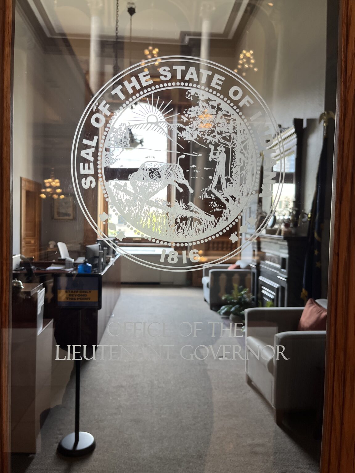 Indiana Lt. Gov. Micah Beckwith’s office, located inside the statehouse, appeared closed and vacant on July 11, 2025. (Niki Kelly/Indiana Capital Chronicle)