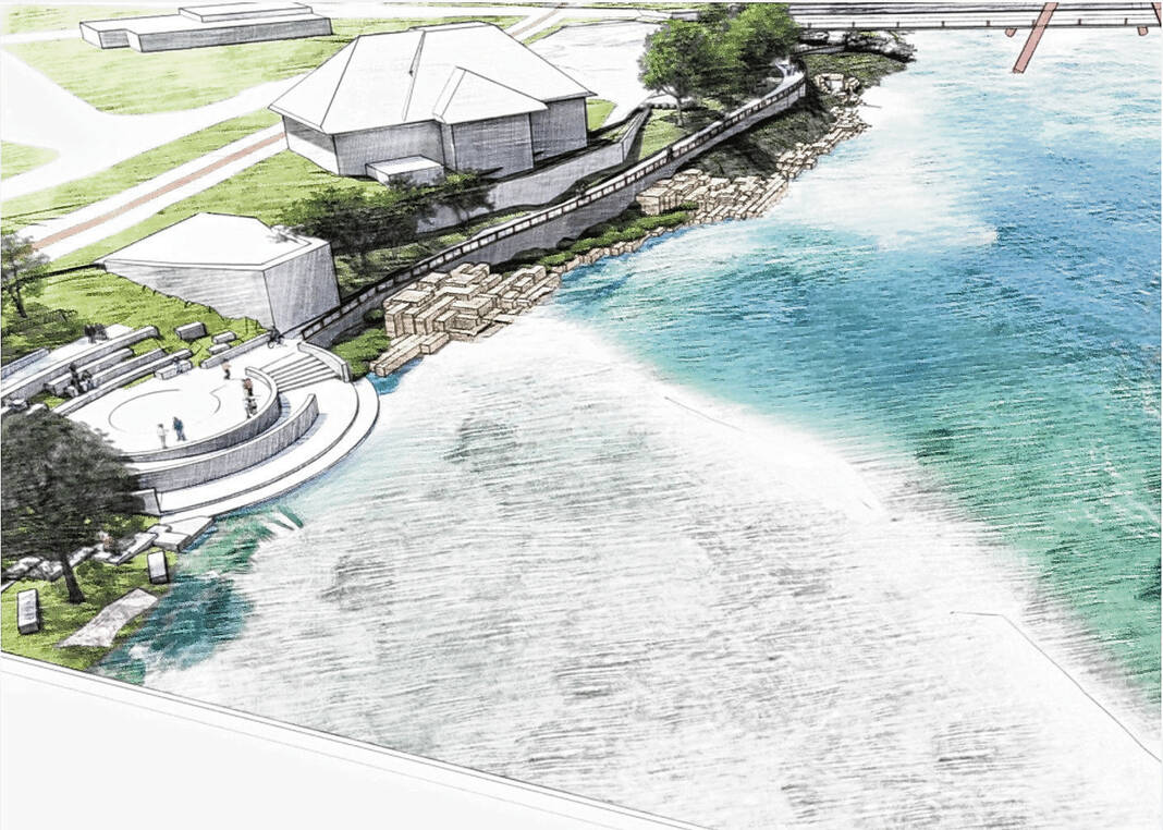 Photo provided A new artist’s rendering of the Columbus riverfront project showing how linking up of the People Trail and the planned plaza.