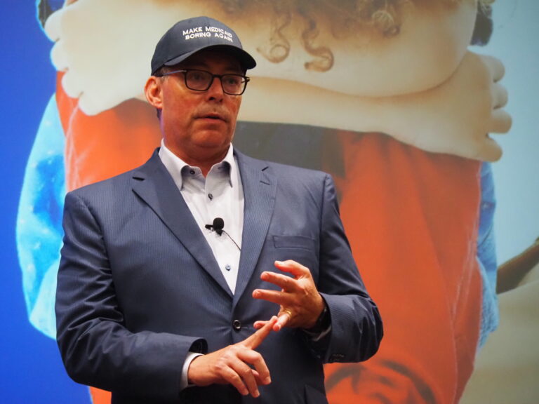 Mitch Roob, Secretary of the Family and Social Services Administration, discusses the agencies finances, including Medicaid costs, and upcoming challenges on Aug. 6, 2025 in Indianapolis. (Whitney Downard/Indiana Capital Chronicle)