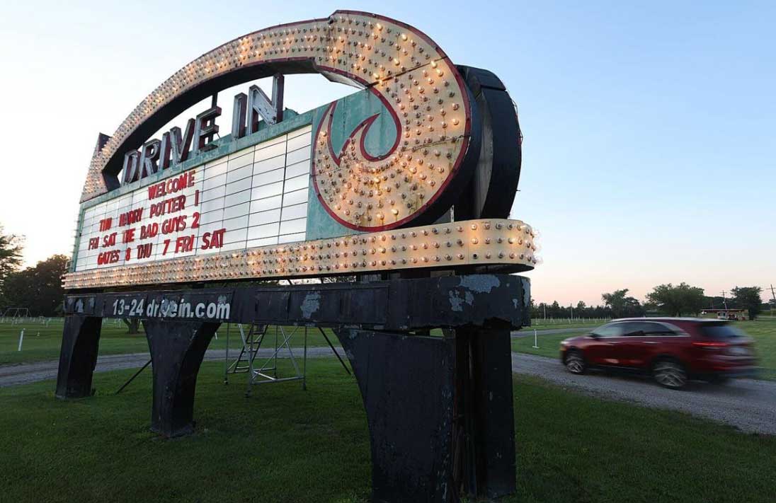 This marquee is seen at dusk at the 13-24 Drive-In in Wabash, Aug. 7, 2025. Kokomo Tribune photo by Kelly Lafferty Gerber
