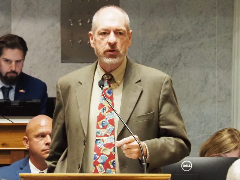 Sen. Greg Walker, R-Columbus, speaks on a bill on April 15, 2025, at the Indiana Statehouse. (Whitney Downard/Indiana Capital Chronicle)