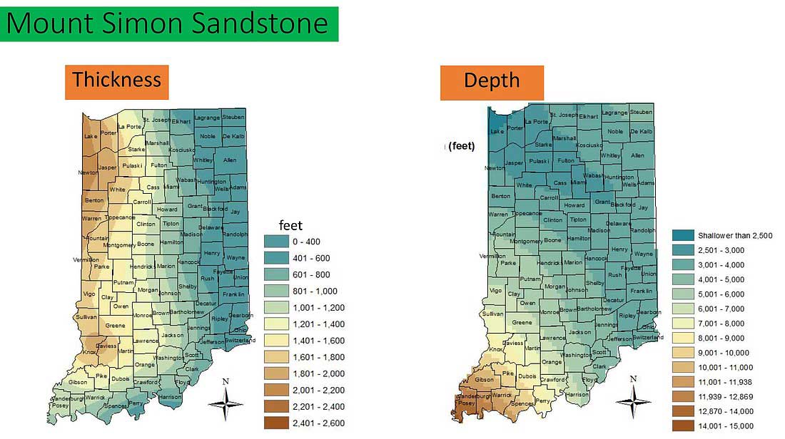 he above graphic from a presentation Purdue University professor Douglas Schmitt shared Thursday night with Portland Plan Commission shows the thickness and depth of Mount Simon Sandstone in Indiana. The porous sandstone that is 3,000 to 4,000 feet deep and 400 to 600 feet thick in Jay County is where carbon dioxide would be injected through a proposed POET Biorefining carbon sequestration project. The plan commission voted Thursday to recommend not putting a moratorium in place for such projects. (Graphic provided) (Courtesy photo of Douglas Schmitt)