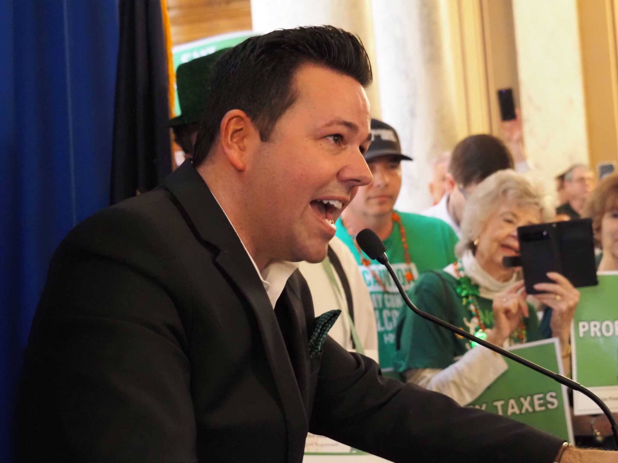 Lt. Gov. Micah Beckwith addresses a property tax rally at the Indiana Statehouse on March 17, 2025. (Whitney Downard/Indiana Capital Chronicle)