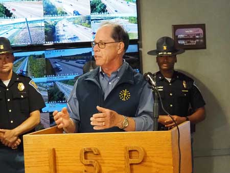 ov. Mike Braun talks at an Indiana State Police outpost in Indianapolis on Oct. 1, 2025. (Whitney Downard/Indiana Capital Chronicle)
