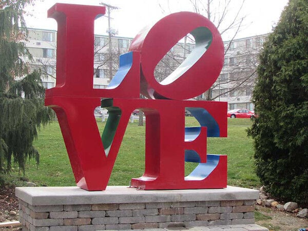 One of New Castles two LOVE sculptures, this one located in the Henry County Arts Park. Image from Art Association of Henry County