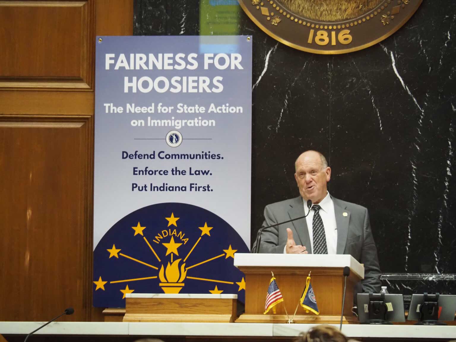 Tom Homan, the White House’s border czar, speaks in the Indiana Statehouse’s House chamber on Tuesday, Oct. 14, 2025. The “Fairness for Hoosiers” event was closed to news media and the public, but was livestreamed on the Indiana Office of Attorney General’s Facebook page. (Photo by Leslie Bonilla Muñiz/Indiana Capital Chronicle)