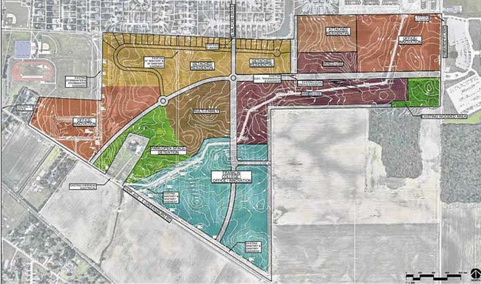 The concept plan for Innovation Park shows several different areas of the mixed-use development. Submitted concept plan