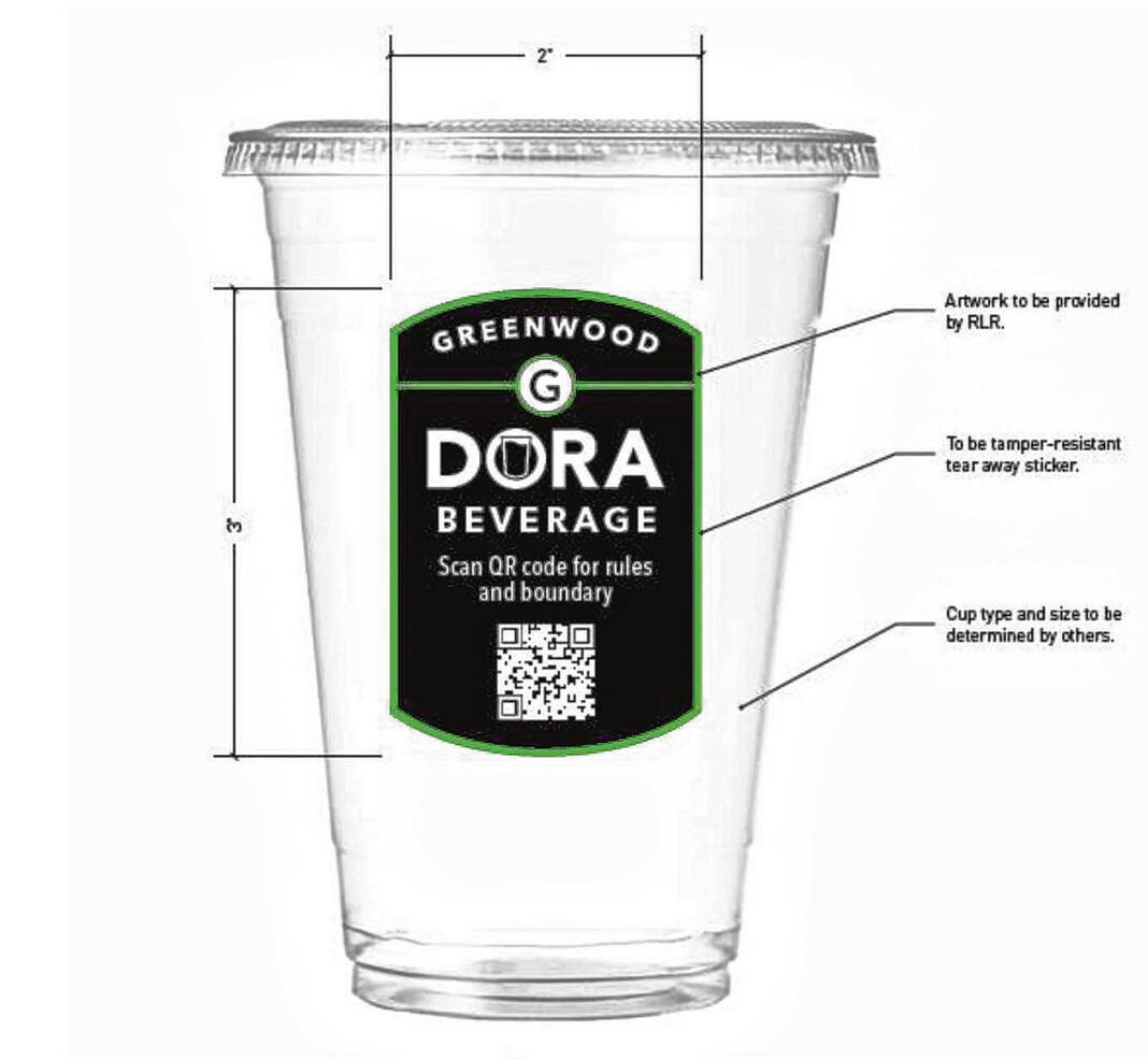 Cups with stickers signifying they are a designated outdoor refreshment area-cup will be given to participating businesses and vendors under Greenwood’s proposed DORA. Provided by the city of Greenwood